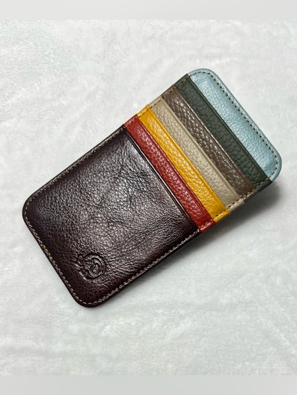 Pebbled Leather 12 Slot Card Wallet Holder - Dark Brown with Multicolor Stripes